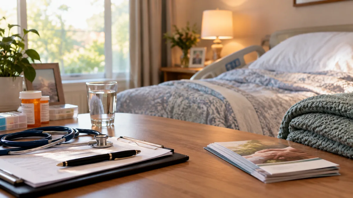 Medical supplies and stethoscope beside a hospital bed