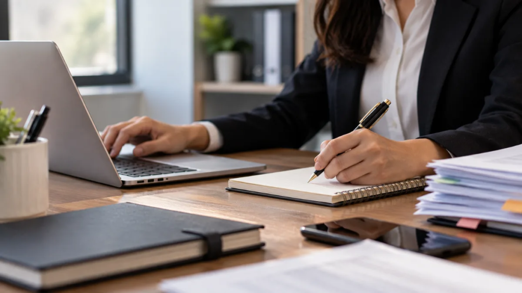 Professional documenting workplace changes in writing