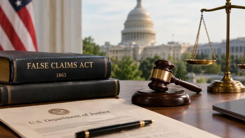 Claims Act book with Capitol, gavel and scales of justice