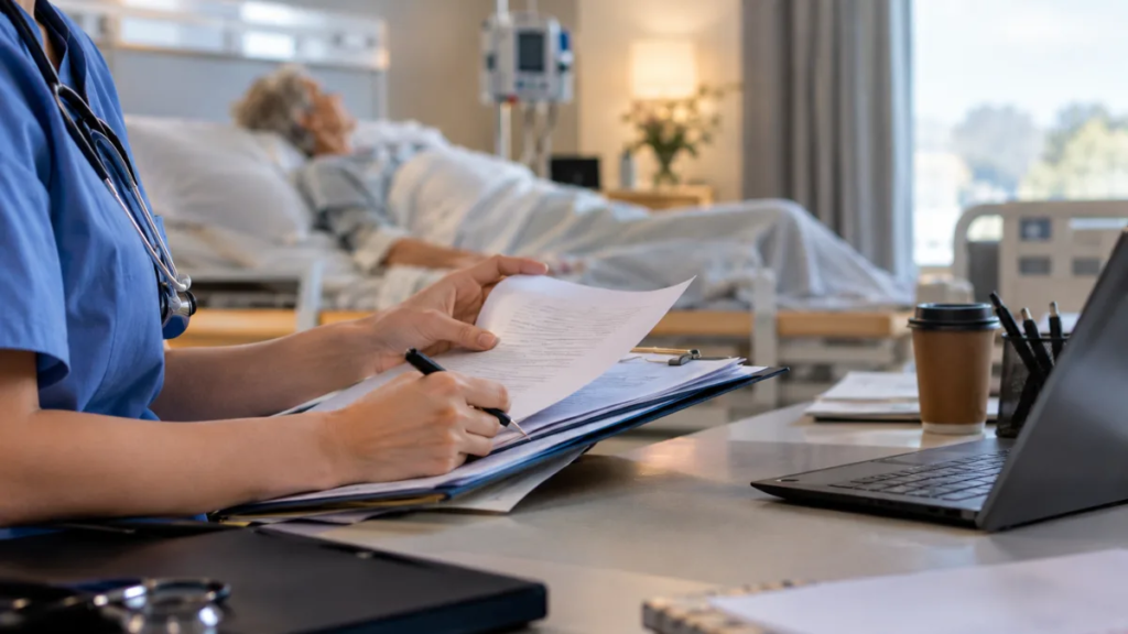 Healthcare professional reviewing patient documents in hospital