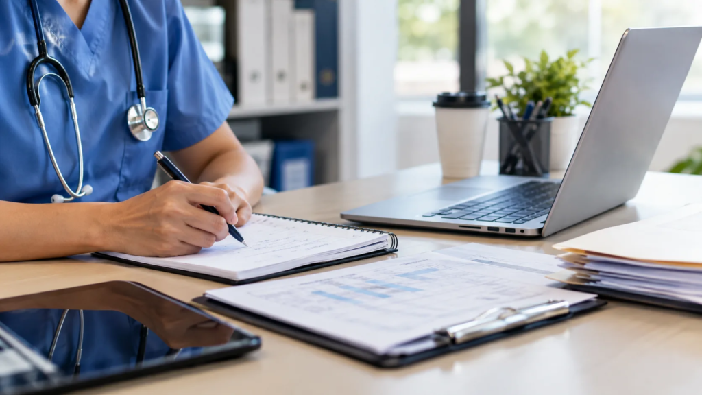 Healthcare professional reviewing patient records and medical reports.
