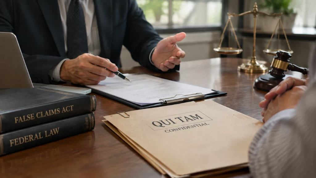 Lawyer discussing a confidential qui tam case file