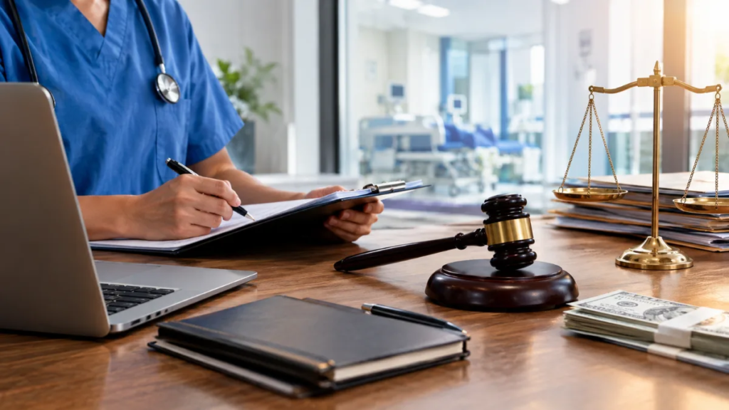 Doctor reviewing documents with legal scales and gavel